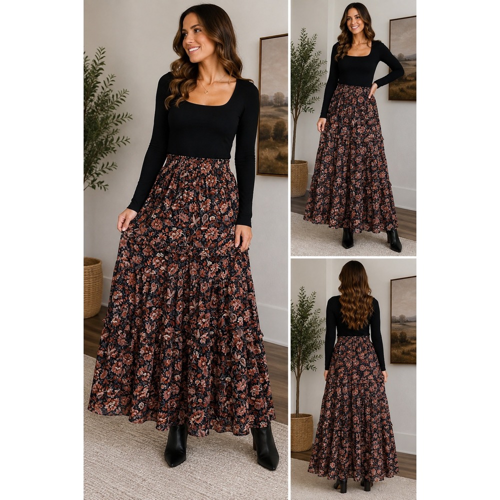 Madewell Maxi Skirt Floral Paisley Tiered Smocked Elastic Waist Boho Black M